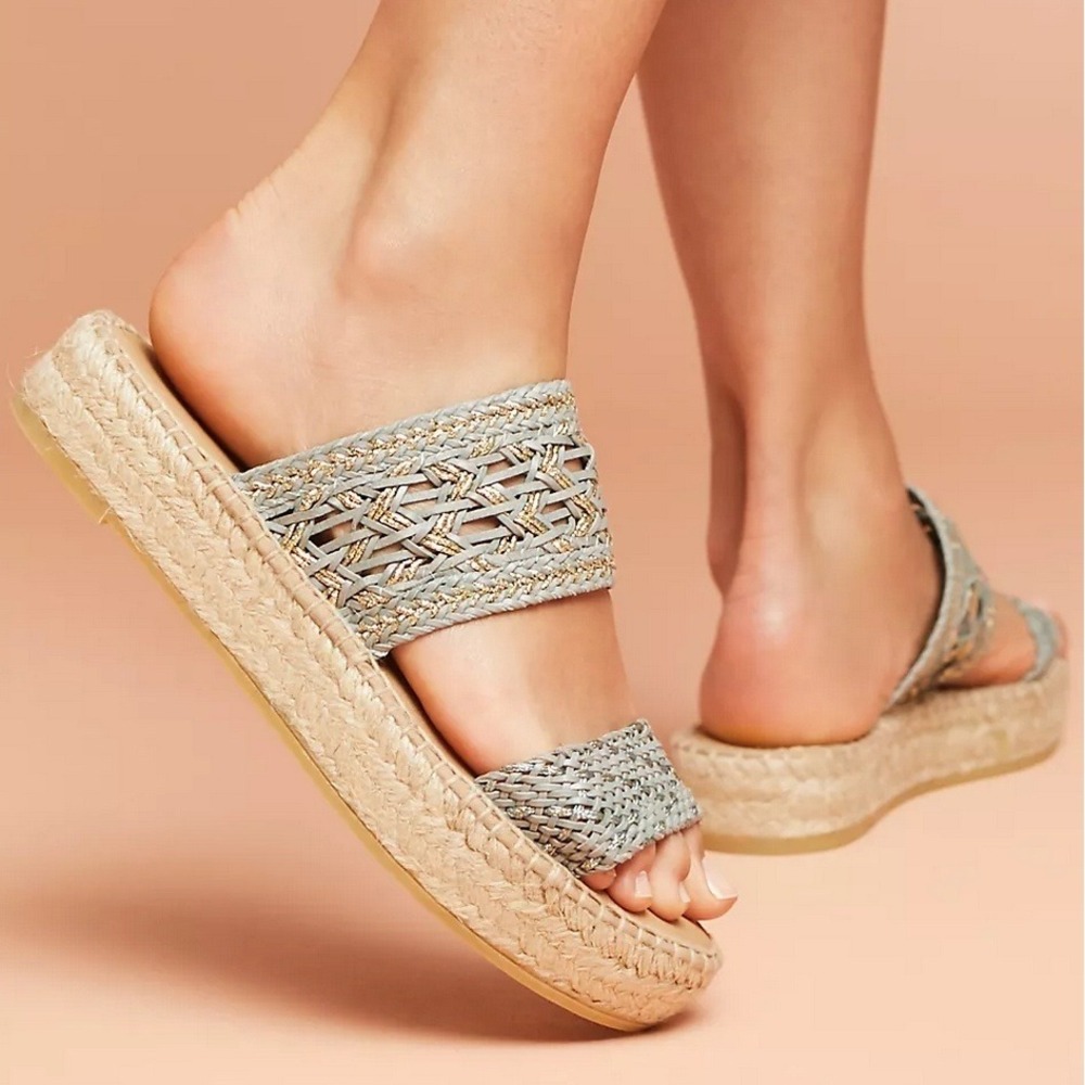 by Anthropologie Freya‎ Espadrille Slide Sandals Sz 40 9 9.5 Gold Flecked Blue